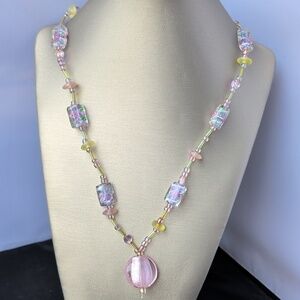 Vintage Delicate Pastel Glass Bead Lariat Necklace - Pink & Yellow